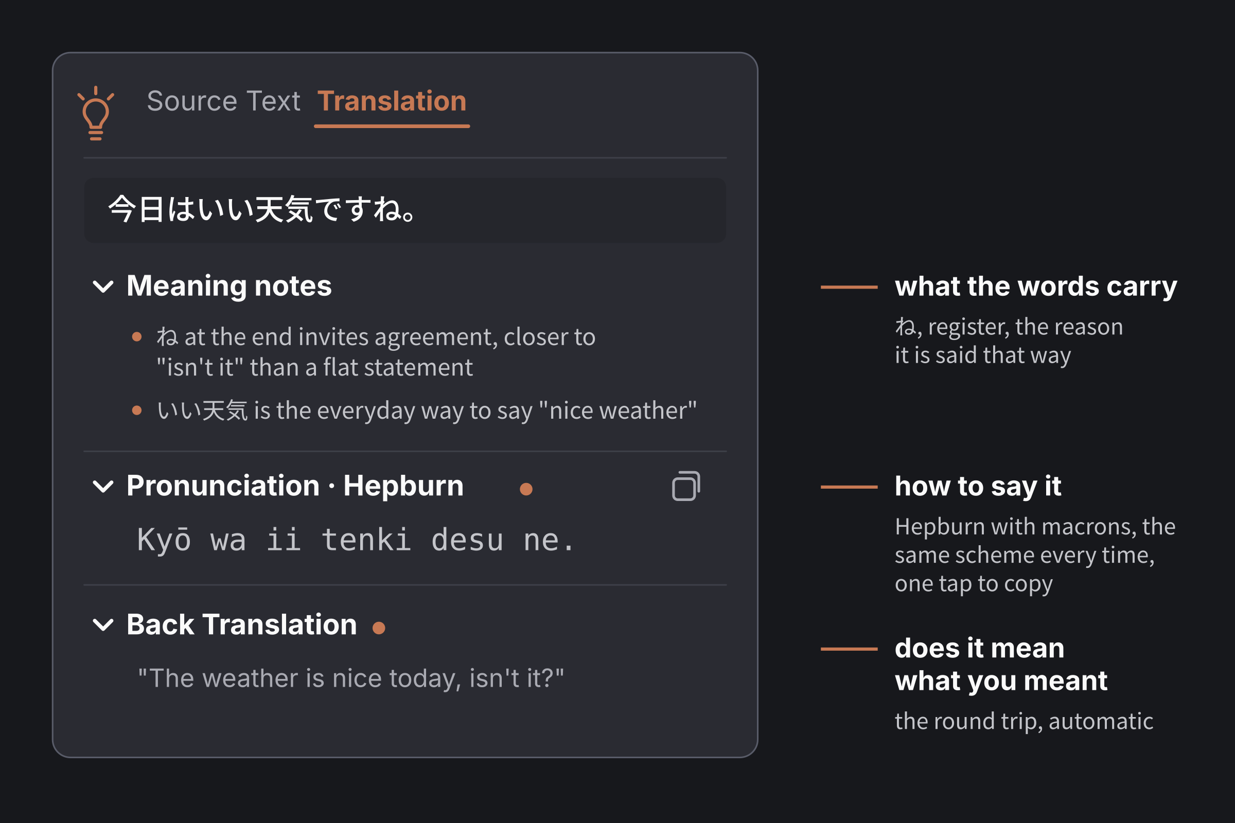 The Insights panel with meaning notes, a Hepburn pronunciation line for a Japanese translation, and a back translation, each labelled.
