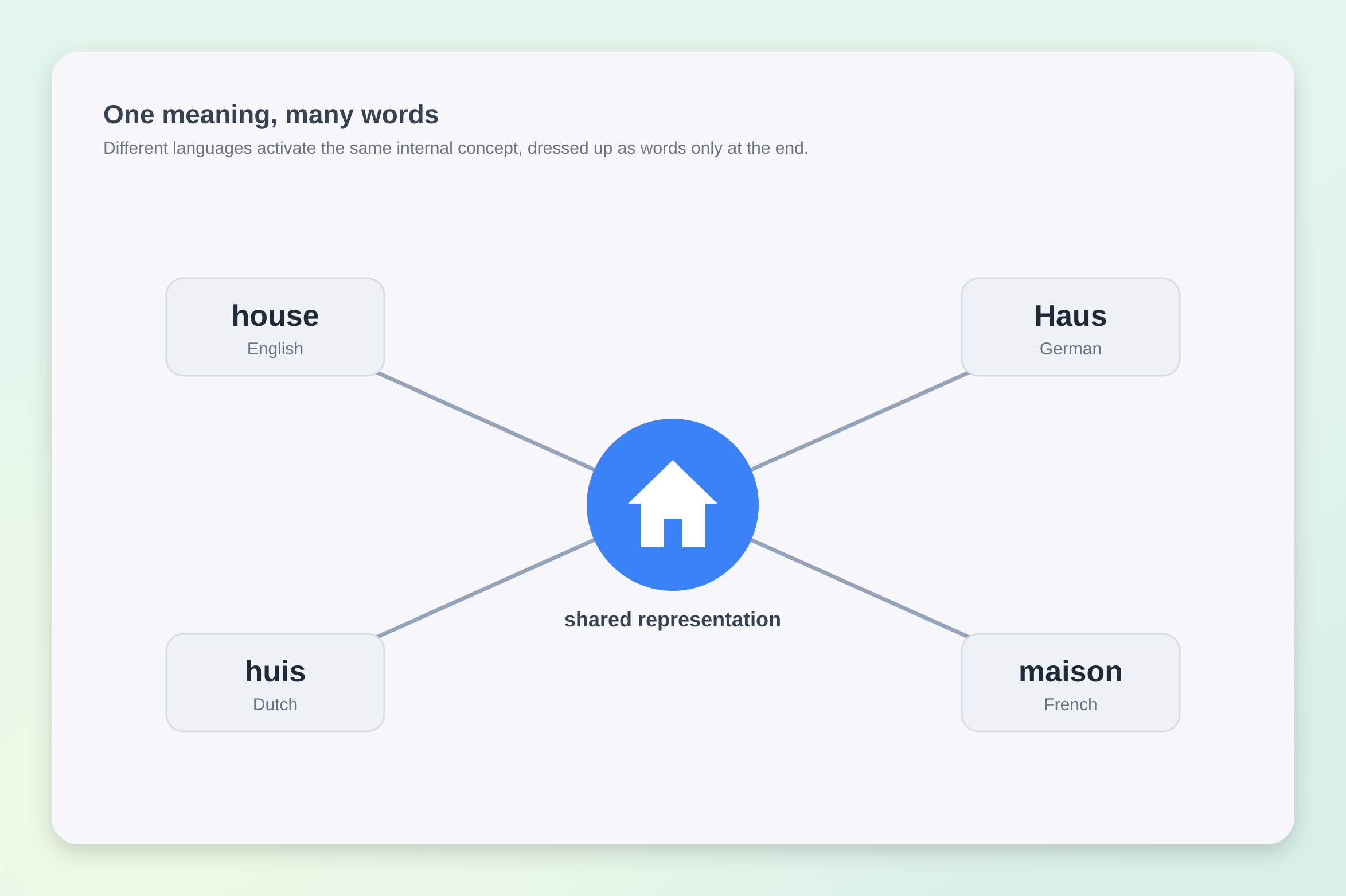 The words "house", "Haus", "huis", and "maison" converging on a single shared representation